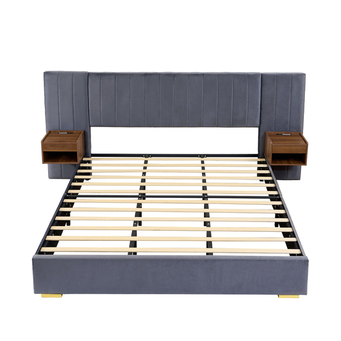Upholstered Bed Frame Of Velvet Tufted Headboard With Floating Nightstand LED / USB Built