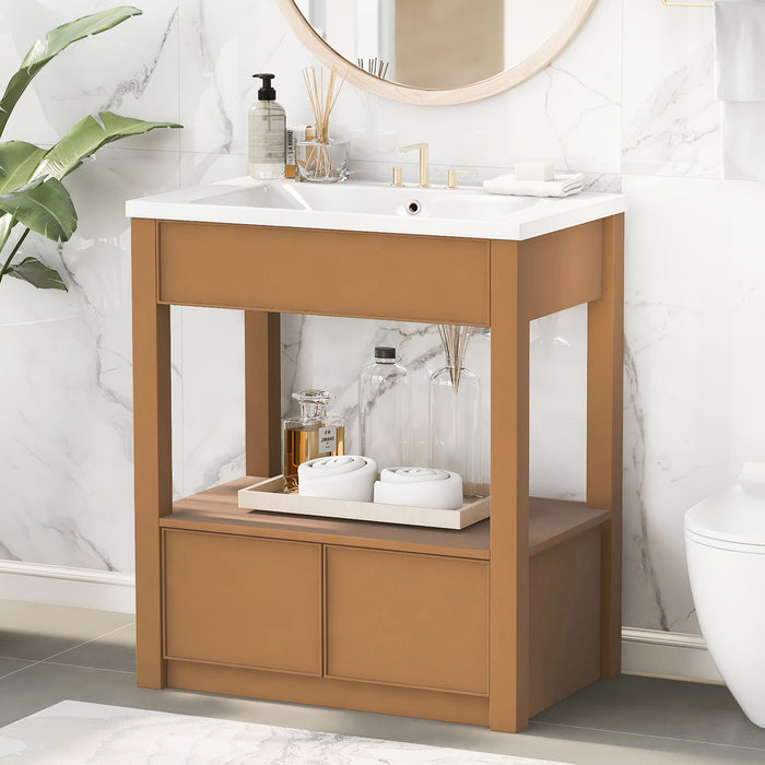 Bathroom Vanity With Sink Top, Bathroom Cabinet With Open Storage Shelf And Two Drawers - Brown