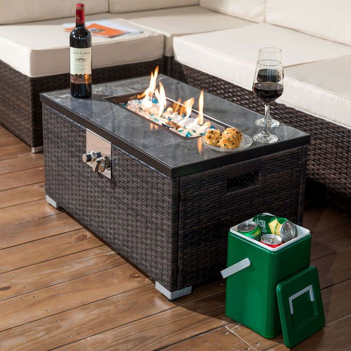 Outdoor Fire Table Propane Fire Pit Rattan Gas Fire Table, Gas Fire Table With Tile Tabletop - Brown