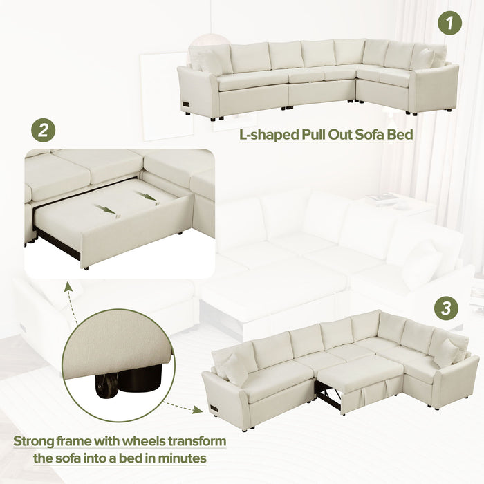 L-Shaped Sofa Convertible Sofa Bed Pull Out Sofa Sleeper With Two Back Pillows, Two USB Ports And Two Power Sockets For Living Room