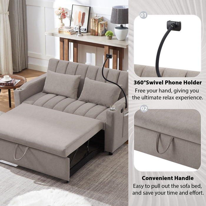 Convertible Sofa Bed Loveseat Sofa With Three USB Ports, Two Side Pockets, Two Cup Holders And 360° swivel Phone Holder For Living Room