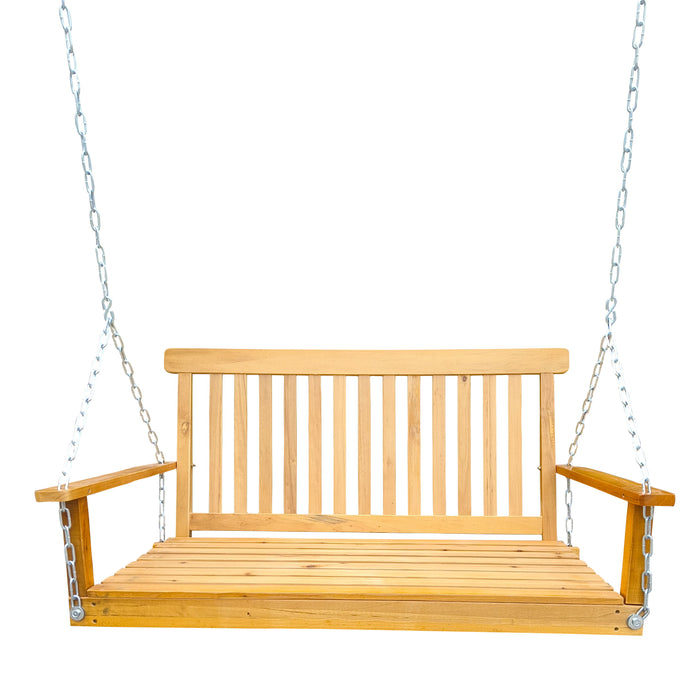 Front Porch Swing With Armrests, Wood Bench Swing With Hanging Chains, For Outdoor Patio, Garden Yard, Porch, Backyard, Or Sunroom, Easy To Assemble, Teak