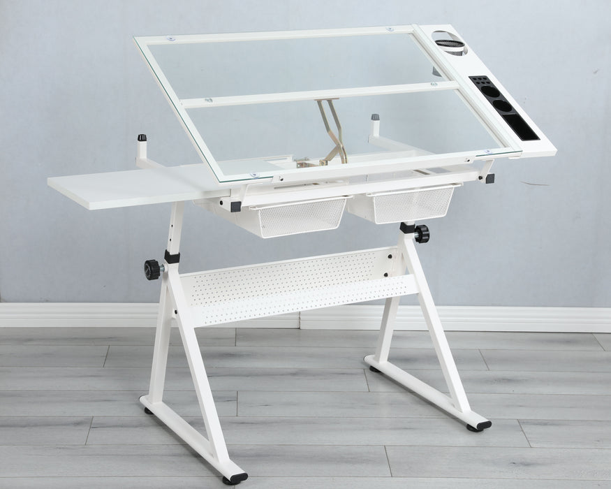 White Adjustable Tempered Glass Drafting Printing Table With Chair