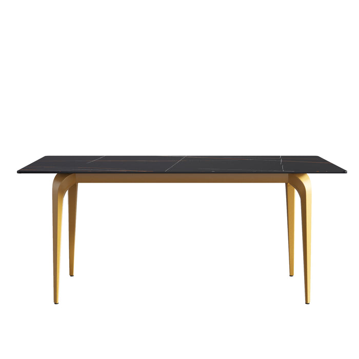 70.87" Modern Artificial Stone Straight Edge Golden Metal Leg Dining Table, Can Accommodate 6-8 People - Black