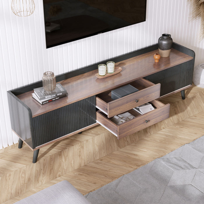 Mid Century TV Stand With 2 Cabinets & Open Compartments, Entertainment Center For Tvs Up To 70'', Television Console For Living Room - Dark Coffee / Black