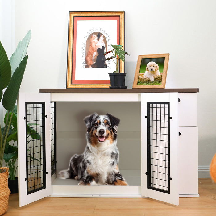 Furniture Style Dog Cage, Wooden Dog Cage, Double Door Dog Cage, Side Cabinet Dog Cage, Dog Crate - White / Deep Walnut