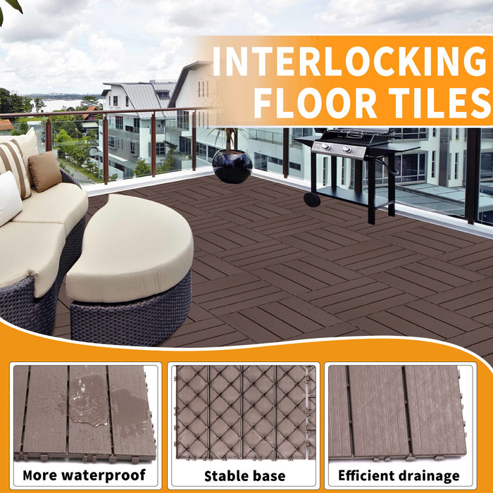 Plastic Interlocking Deck Tiles (Pack Of 44), Patio Flooring Outdoor Waterproof All Weather Use For Garden, Poolside Front / Back Yard - Light Coffee