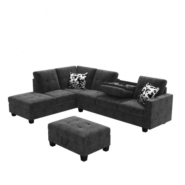 Remi - Velvet Reversible Sectional Sofa With Dropdown Table, Charging Ports, Cupholders, Storage Ottoman, And Pillows