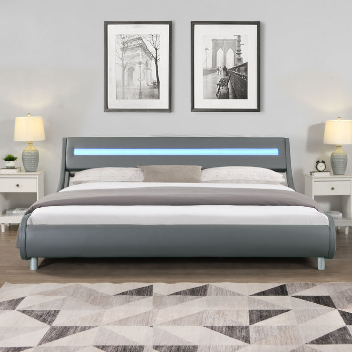 Upholstered Platform Bed Frame With LED Lighting, Curve Design, Wood Slat Support, No Box Spring Needed