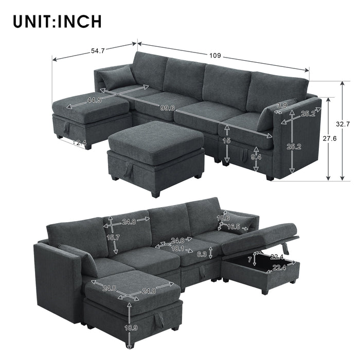 Chenille Modular Sectional Sofa, U Shaped Couch With Adjustable Armrests And Backrests, 6 Seat Reversible Sofa Bed With Storage Seats For Living Room, Apartment