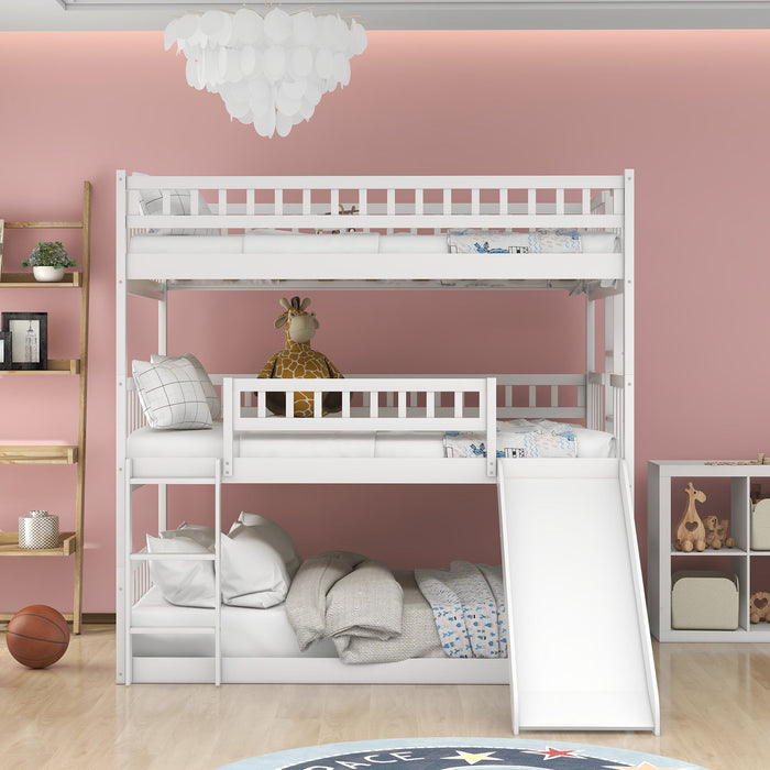 Full Over Full Over Full Triple Bed With Built In Ladder And Slide, Triple Bunk Bed With Guardrails - White