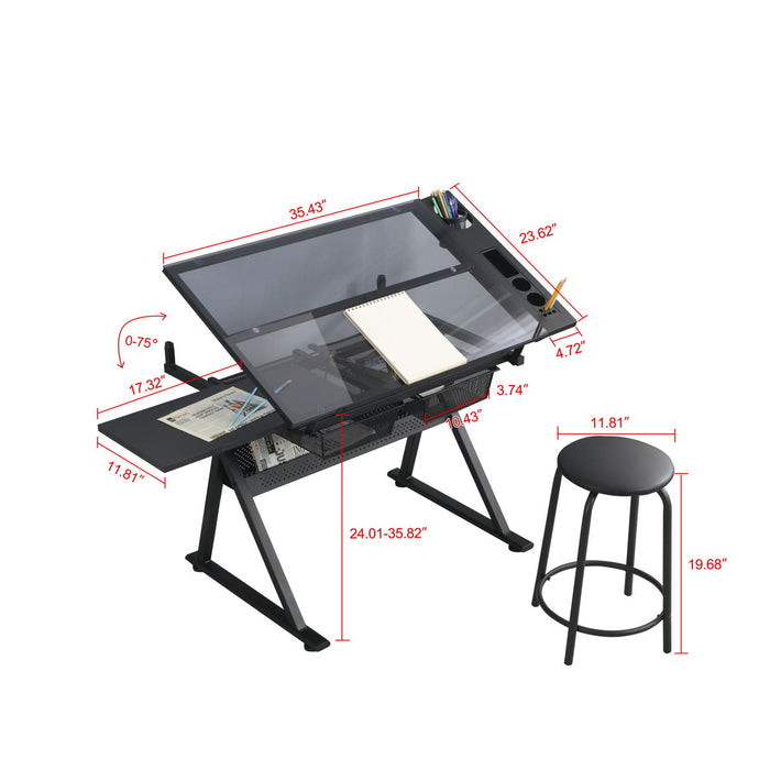 Adjustable Tempered Glass Drafting Printing Table - Black