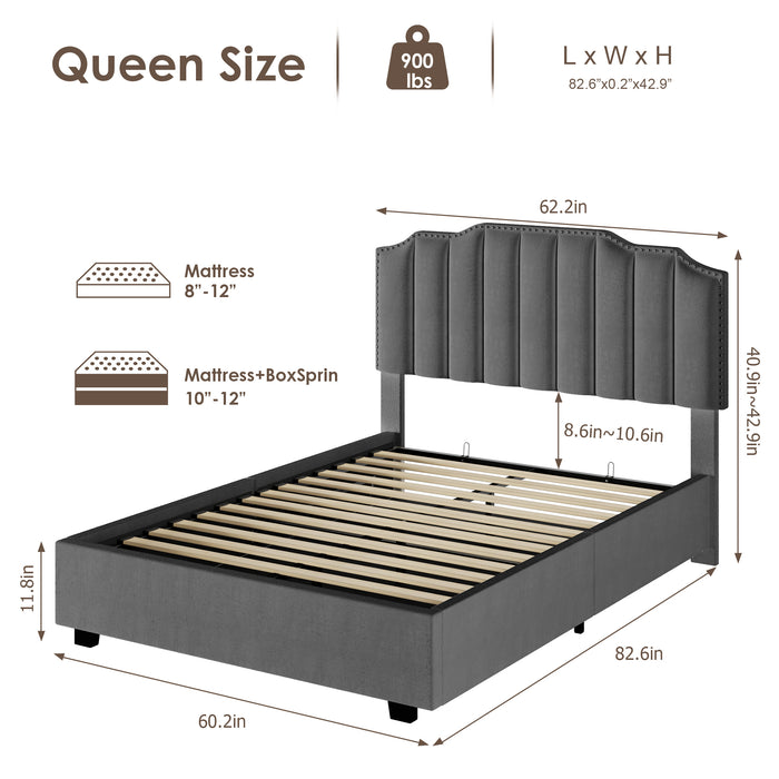 LIFT UP QUEEN SIZE BED VELVET GREY