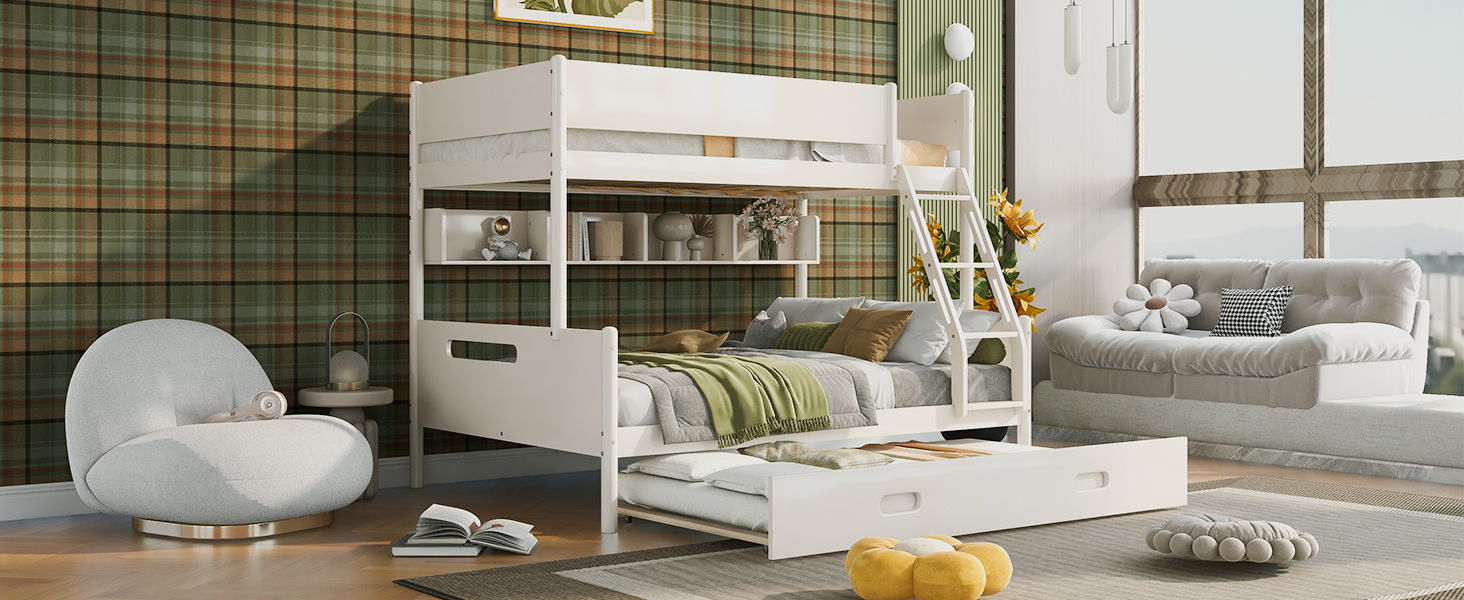 Wood Twin Over Full Bunk Bed With Storage Shelves And Twin Size Trundle - Cream