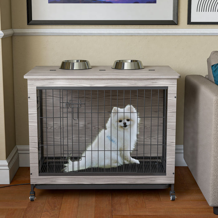 Dog Crate Furniture With Cushion, Wooden Dog Crate Table, Double-Doors Dog Furniture, Dog Kennel Indoor For Small Dog, Dog House, Dog Cage Small