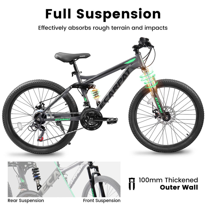 A2660 Mountain Bike 26" Wheels, 21 Speed Full Suspension Mens Womens Trail Commuter City Mountain Bike, Carbon Steel Frame Disc Brakes Thumb Shifter Front Fork Rear Shock Absorber Bicycles - Gray