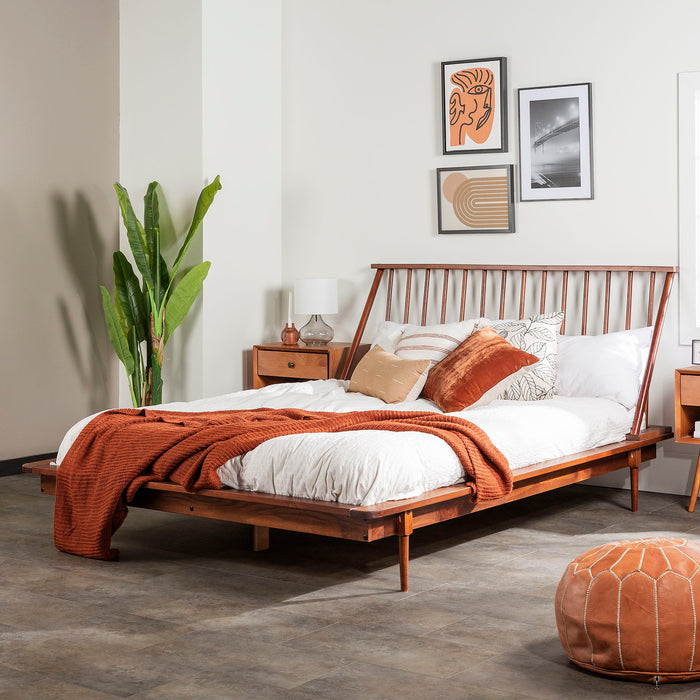 Mid-Century Modern Solid Wood Platform Bed Frame With Spindle Headboard