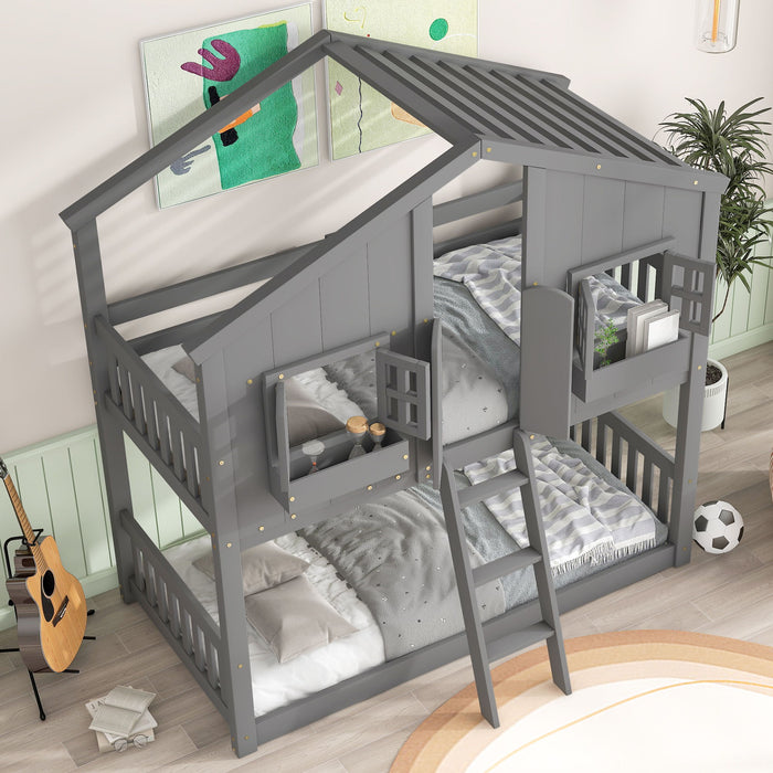 Kids Furniture - House Bunk Bed With Roof, Safety Guardrails And Ladder