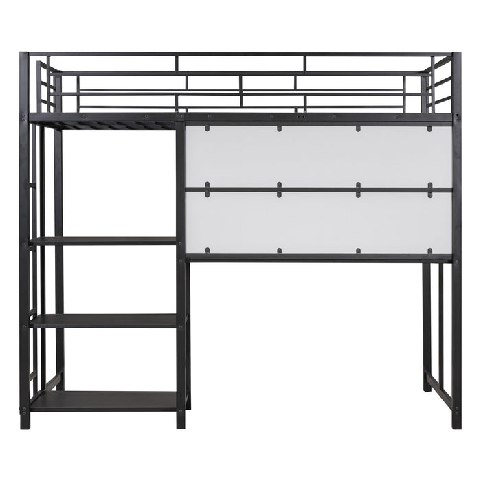 Twin Size Loft Bed With Desk And Whiteboard, Metal Loft Bed With 3 Shelves And Ladder - Black