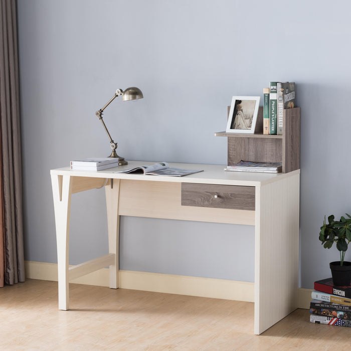 Office Writing Desk With Drawer, Small Bookshelf And USB/Power Outlet - Ivory & Dark Taupe