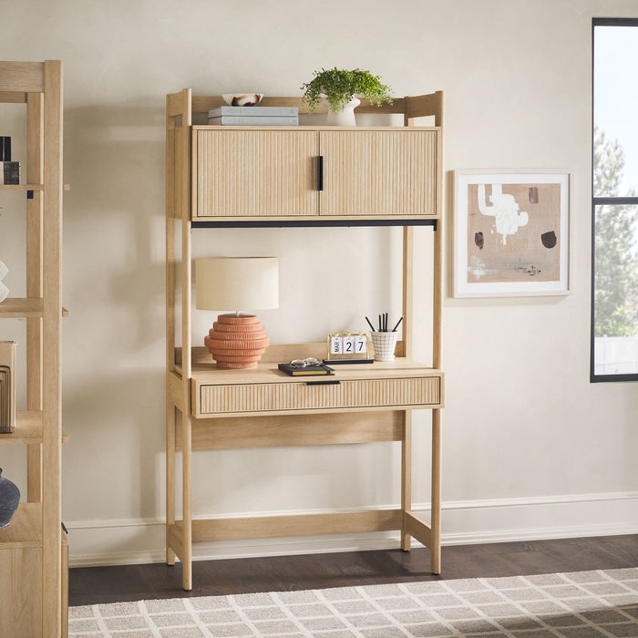 Transitional Reeded Desk With Hutch And Drawers Plus Tech Management