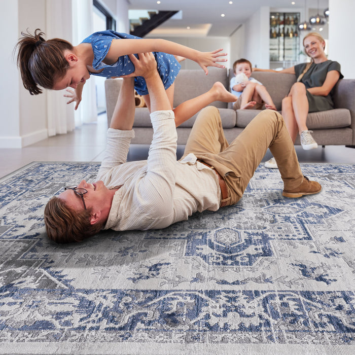 8' x 10' Oriental Non-Shedding Living Room Bedroom Dining Home Office Stylish And Stain Resistant Area Rug - Blue / Gray