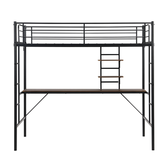 Metal Twin Loft Bed With Desk And Storage Shelves - Black