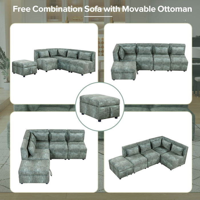 Free-Combined Sectional Sofa 5 Seater Modular Couches With Storage Ottoman, 5 Pillows For Living Room