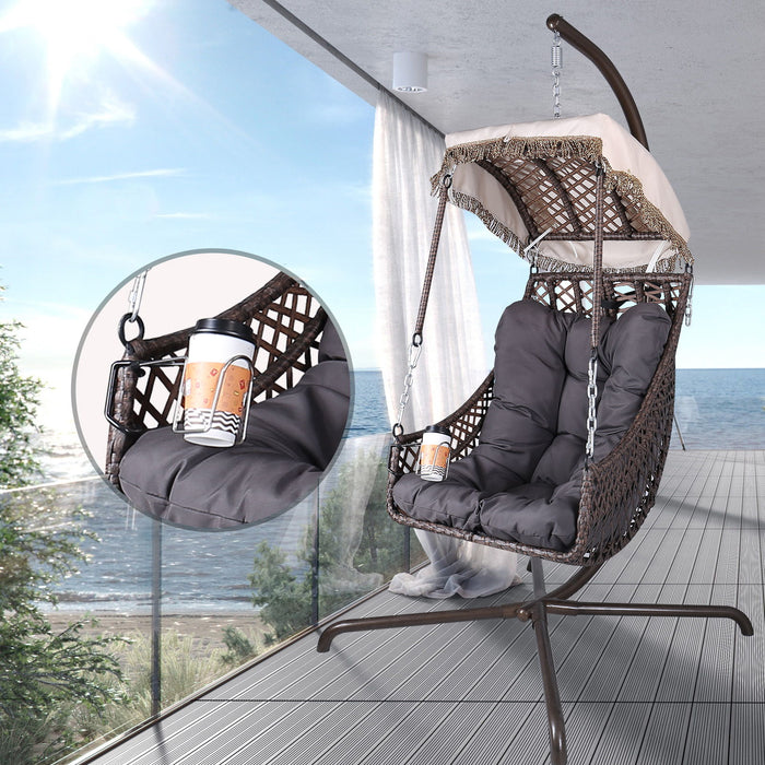 Swing Egg Chair With Stand Indoor Outdoor, Wicker Rattan Frame 350Lbs Capacity Hammock Chair For Patio Bedroom With Sunshade Cloth, Courtyard, Cushion And Pillow