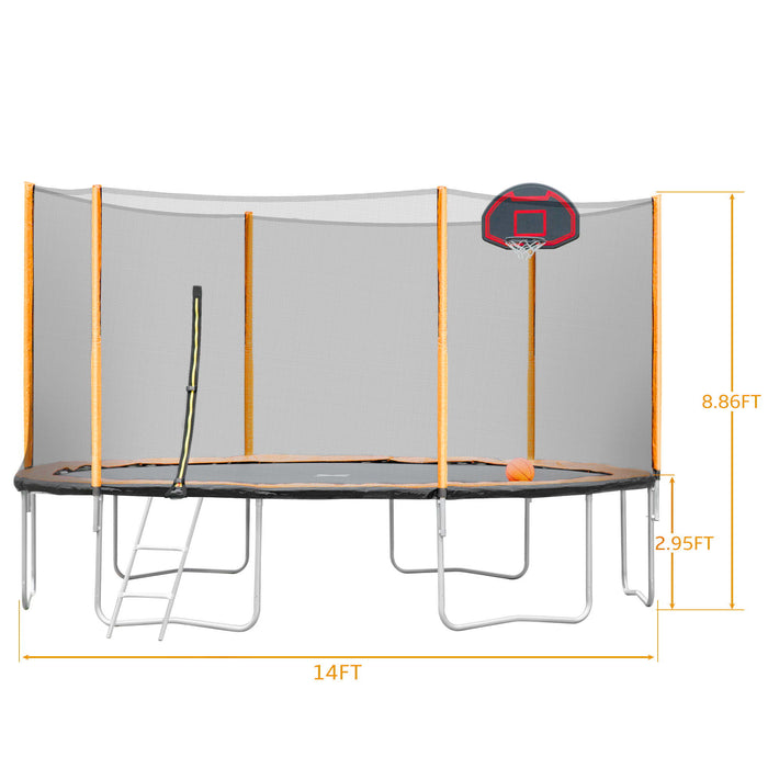 14Ft Powder-Coated Advanced Trampoline With Basketball Hoop Inflator And Ladder (Outer Safety Enclosure) - Orange