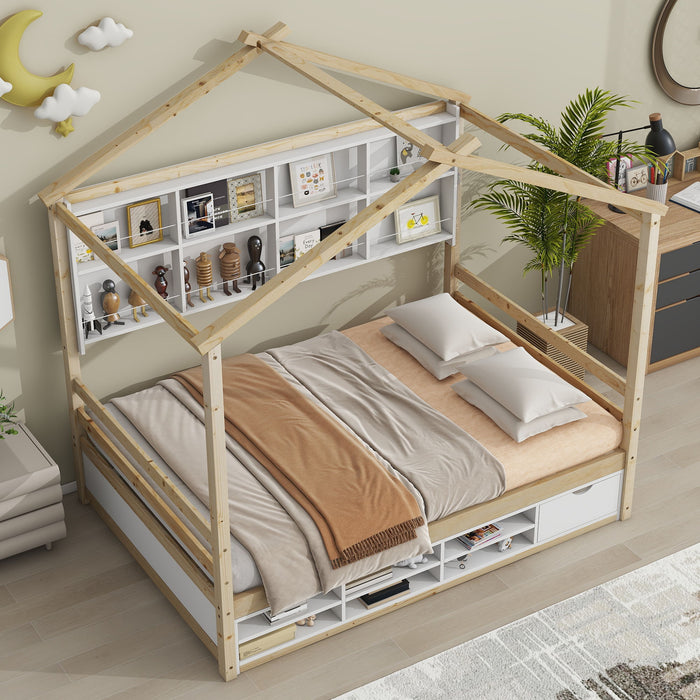 House Bed With Roof Frame, Bedside-Shelves, Under Bed Storage Unit