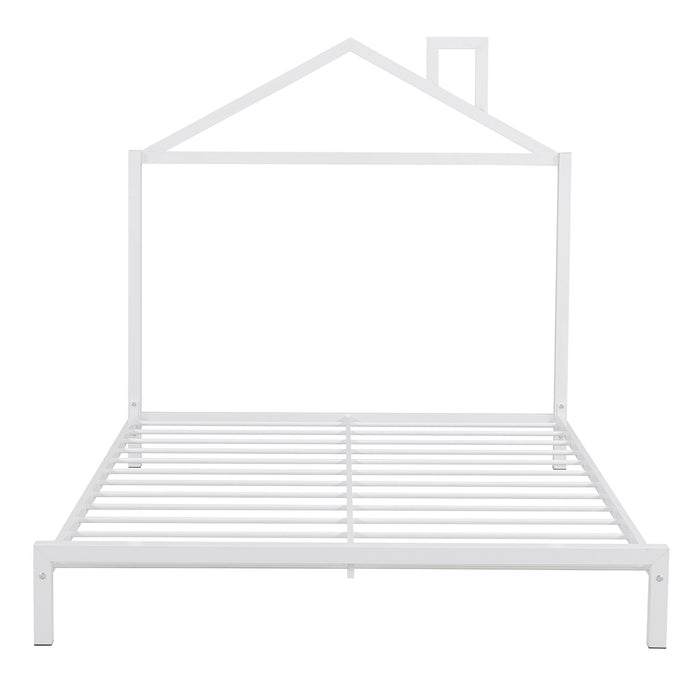 Full Size Metal Platform Bed With House-Shaped Headboard Design