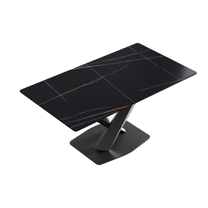 Modern Artificial Stone Straight Edge Metal X-Leg Dining Table, 6 People - Black