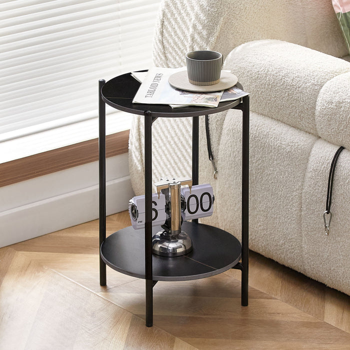 2-Layer End Table With Whole Marble Tabletop, Round Coffee Table With Metal Frame For Bedroom Living Room Office