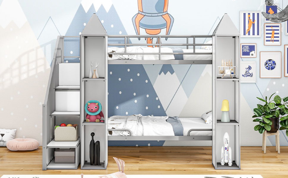 Metal Twin Over Twin Castle-Shaped Bunk Bed With Wardrobe And Multiple Storage - Gray / White