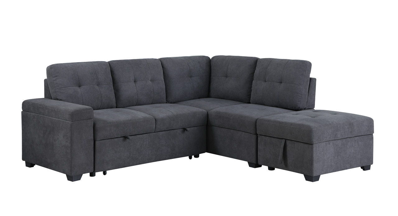 Sadie - Woven Fabric Sleeper Sectional Sofa With Storage Ottoman, Storage Arm - Dark Gray