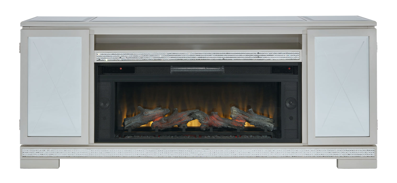Flamory - Plata - Mueble para TV de 72" con inserto eléctrico para chimenea por infrarrojos