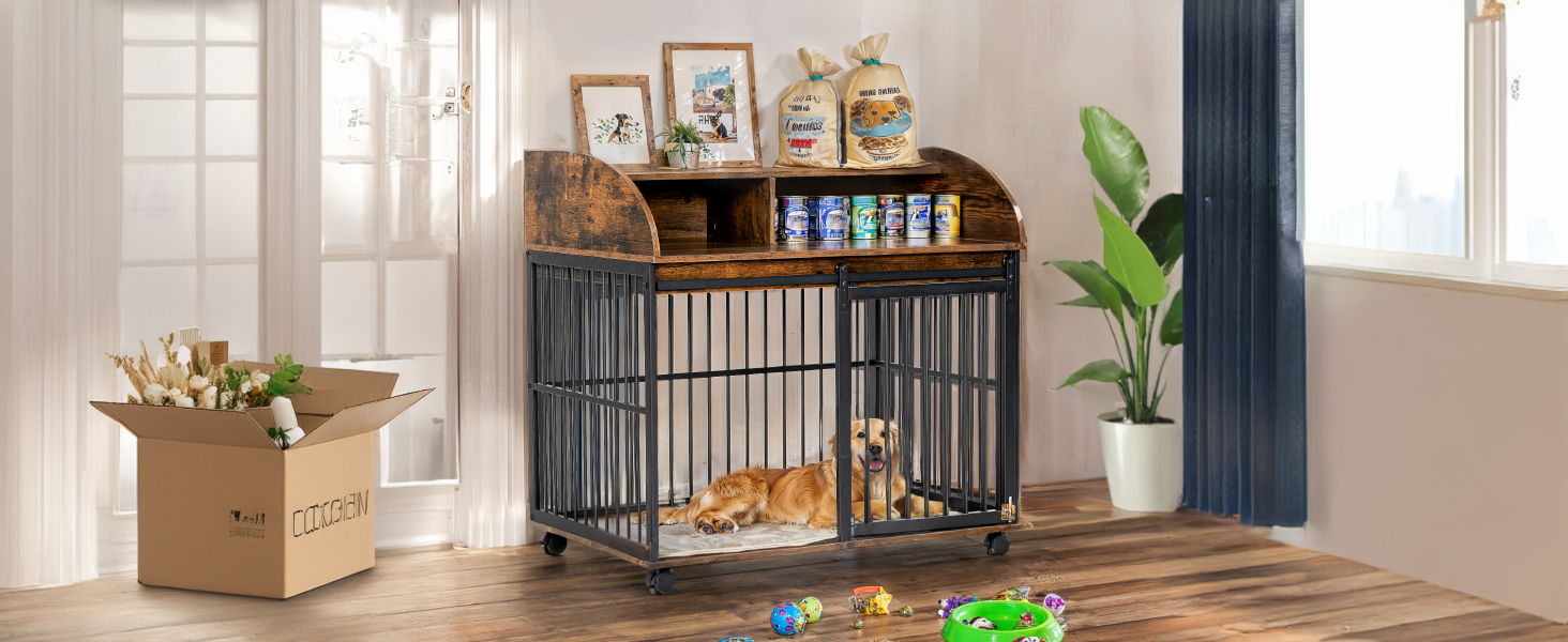 Heavy Duty Dog Crate Furniture For Medium Dog With Lockable Wheels, Wooden Dog Crate Dog Kennel, End Table Crate With Double Layer Storage