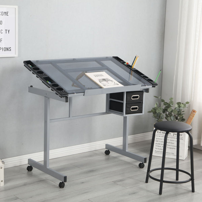 Adjustable Art Drawing Desk Cra Ft Station Drafting With 2 Non - Woven Fabric Slide Drawers And 4 Wheels