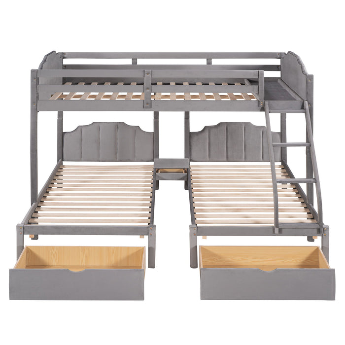 Full Over Twin & Twin Bunk Bed, Velvet Triple Bunk Bed With Drawers And Guardrails - Gray