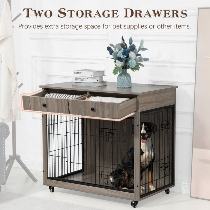 Dog Crate Furniture, Wooden Dog Crate End Table, 38.4" Dog Kennel With 2 Drawers Storage, Heavy Duty Dog Crate, Decorative Pet Crate Dog Cage For Large Indoor Use