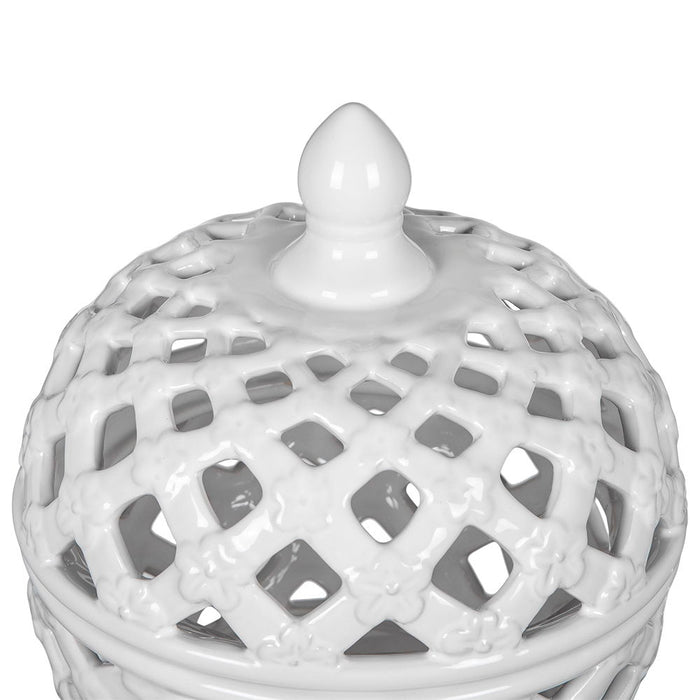 Ceramic Lidded Jar With Lattice Design - White