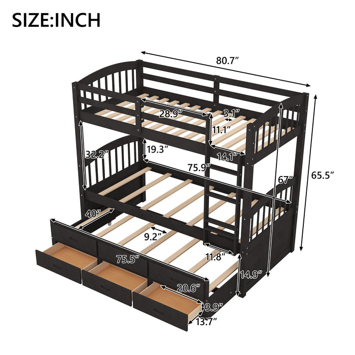 Twin Over Twin Wood Bunk Bed With Trundle And Drawers - Espresso