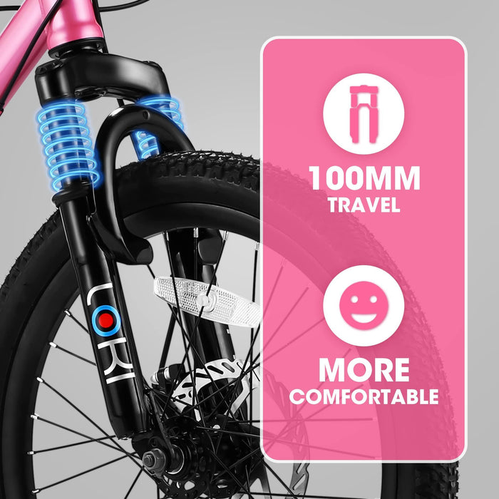 S20101 20" Kids' Bike, Boys Girls Mountain Bike Ages 8-12, 7 Speed Teenager Children Kids' Bicycles, Front Suspension Disc Brake Rear V-Brake, High Steel Frame - Pink