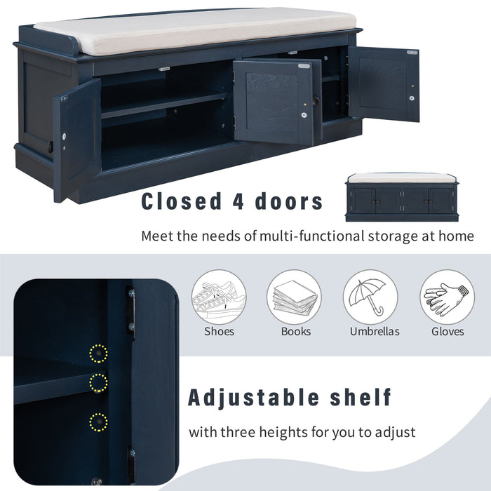 Storage Bench With 4 Doors And Adjustable Shelves, Shoe Bench With Removable Cushion For Living Room, Entryway