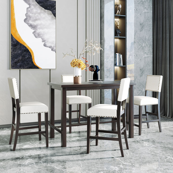 5 Piece Counter Height Dining Set, Classic Elegant Table And 4 Chairs - Espresso / Beige