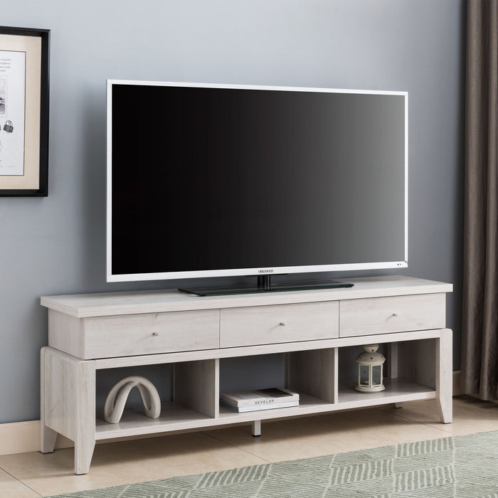 Modern TV Stand With Three Open Shelves And Three Drawers - White