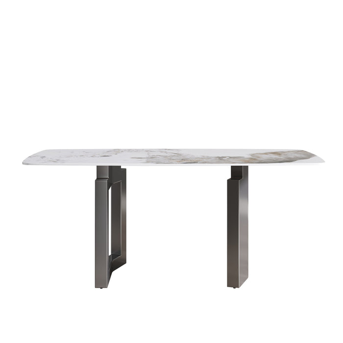 70.87" Modern Artificial Stone Pandora White Curved Black Metal Leg Dining Table, Can Accommodate 6-8 People - Antique White