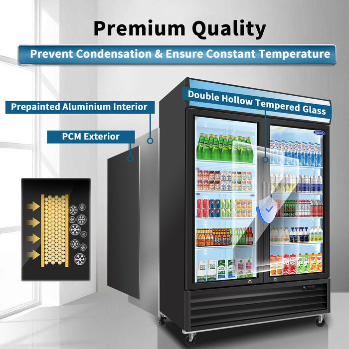 Glass Door Merchandiser Refrigerator 44.7 Cu.Ft Swing Door Commercial Display Refrigerators Merchandising Refrigeration With LED Top Panel - Black