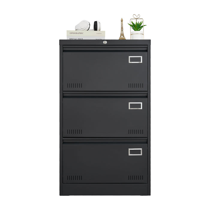 Filing Cabinet Lateral File Cabinet 3 Drawer, Blcak Locking Metal File Cabinets Three Drawer, Office Filing Cabinet With Lock Drawers For Home Office - Black